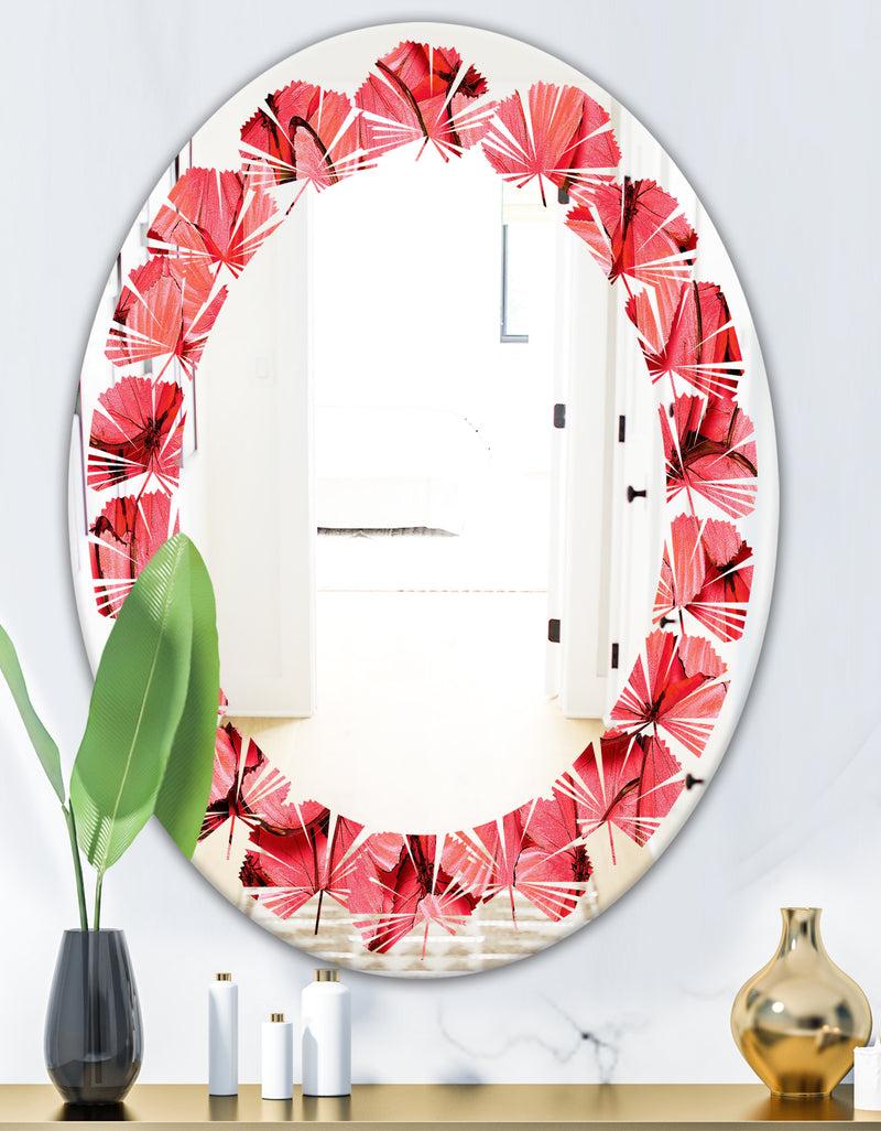 DesignQ Coral Pink Butterflies - Modern Round Or Oval Wall Mirror - Leaves