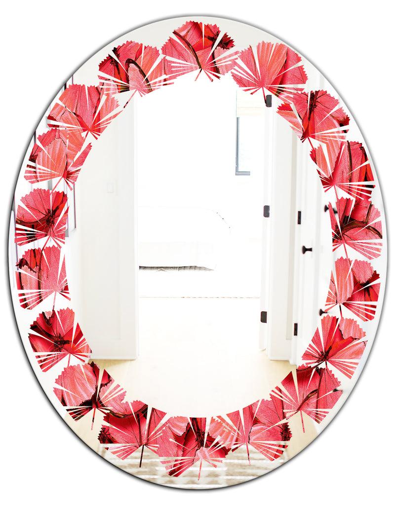 DesignQ Coral Pink Butterflies - Modern Round Or Oval Wall Mirror - Leaves