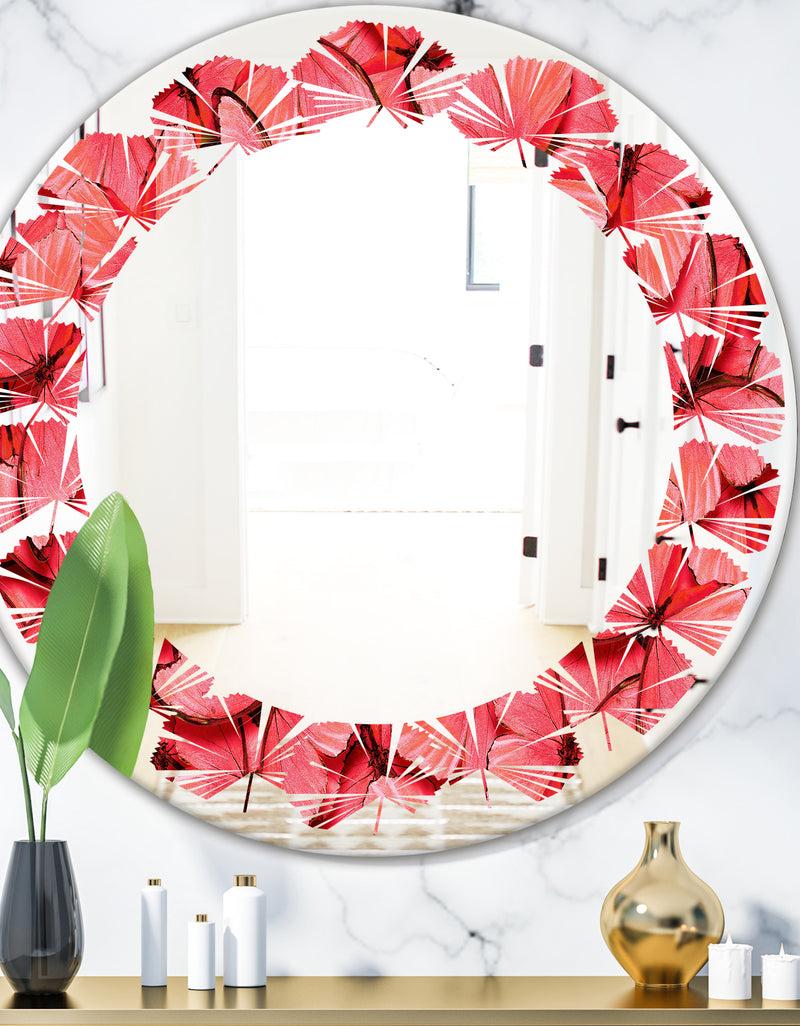 DesignQ Coral Pink Butterflies - Modern Round or Oval Wall Mirror - Leaves