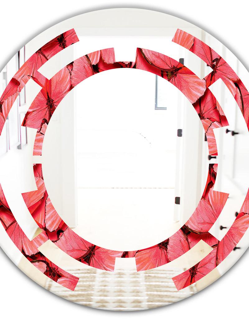 DesignQ Coral Pink Butterflies - Modern Round Or Oval Wall Mirror - Space