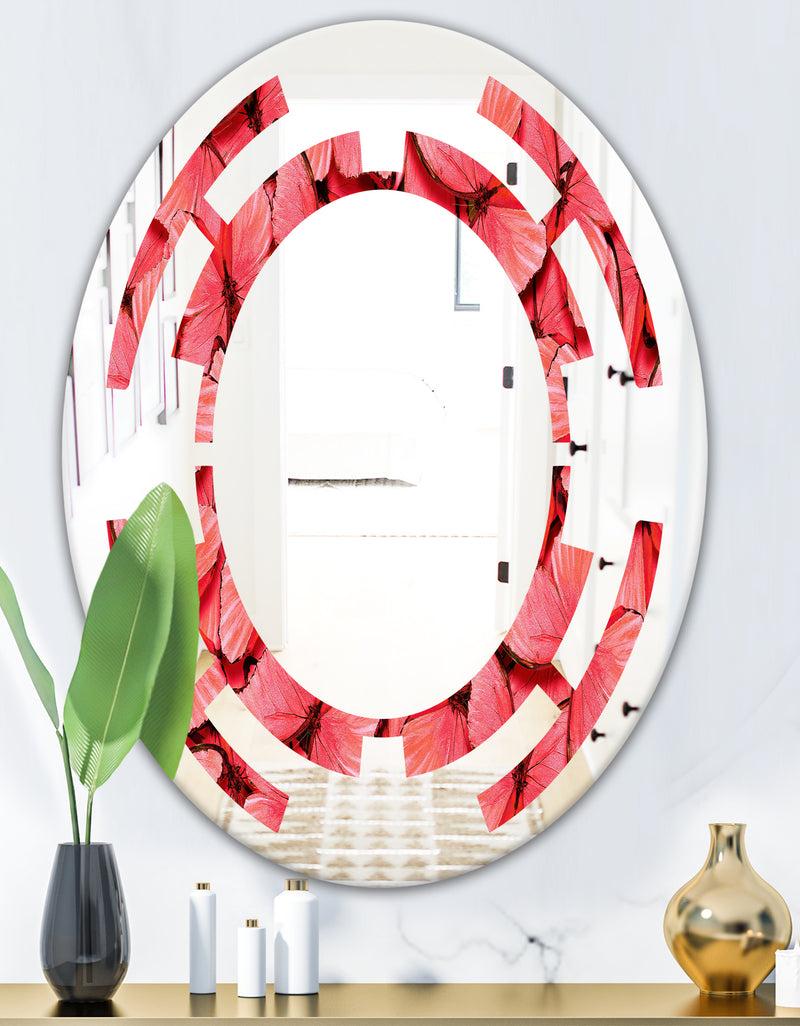DesignQ Coral Pink Butterflies - Modern Round Or Oval Wall Mirror - Space