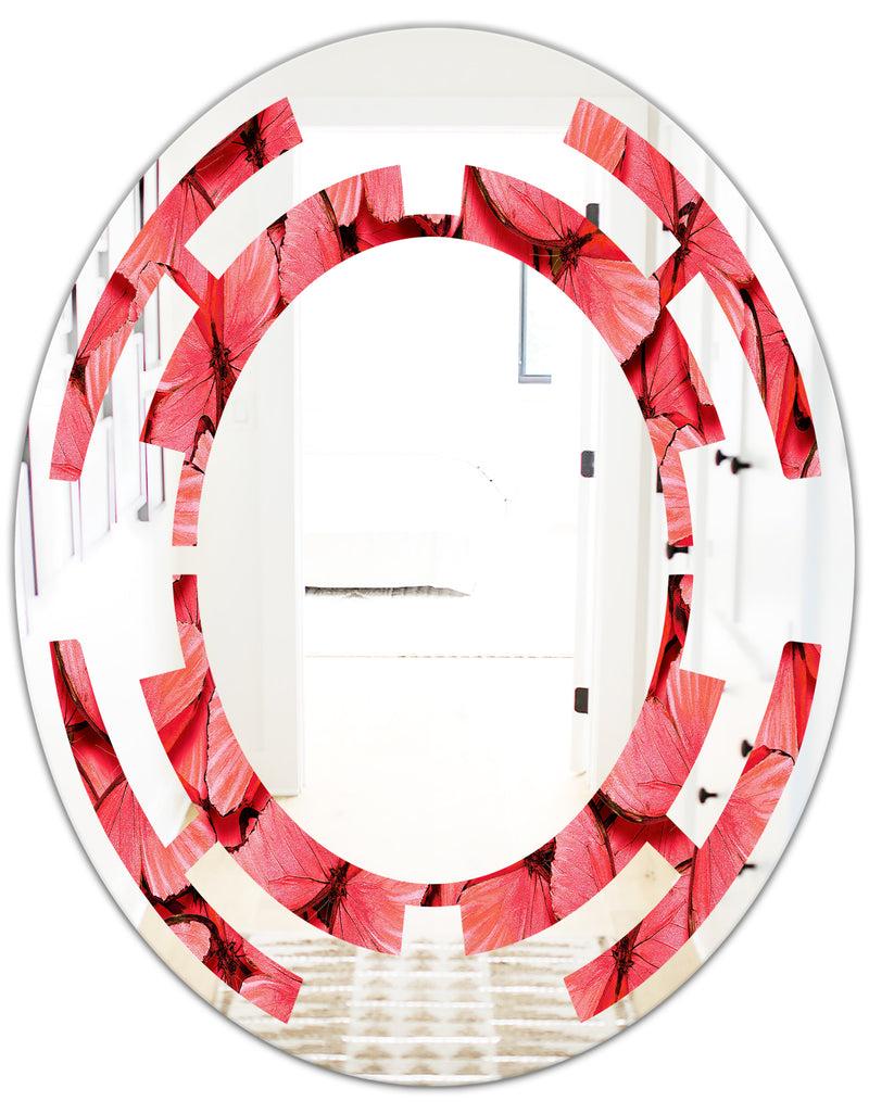 DesignQ Coral Pink Butterflies - Modern Round Or Oval Wall Mirror - Space