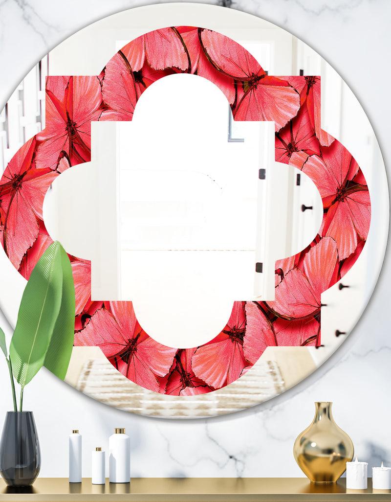 DesignQ Coral Pink Butterflies - Modern Round or Oval Wall Mirror - Quatrefoil