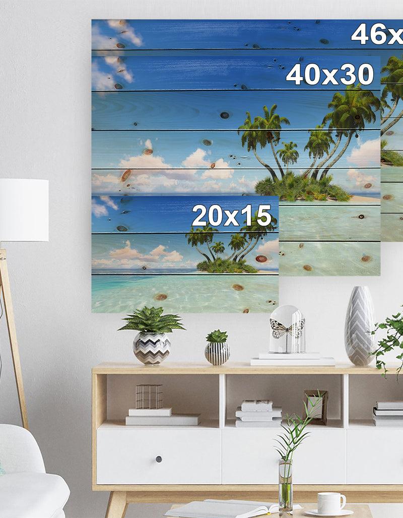 DesignQ Corals Island Under Blue Sky - Seascape Print On Natural Pine Wood