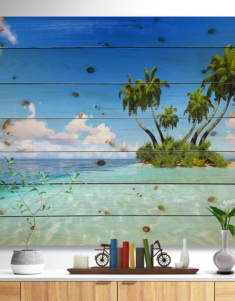 DesignQ Corals Island under Blue Sky - Seascape Print on Natural Pine Wood