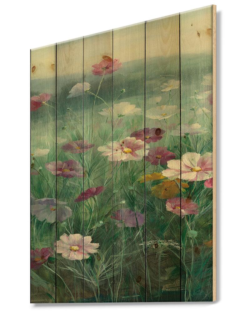 DesignQ Cosmos At Dawn II - Farmhouse Print On Natural Pine Wood