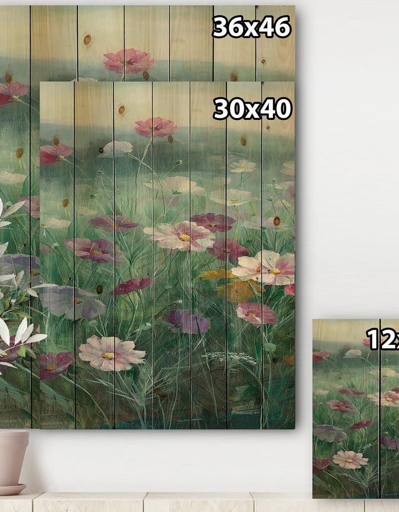 DesignQ Cosmos At Dawn II - Farmhouse Print On Natural Pine Wood