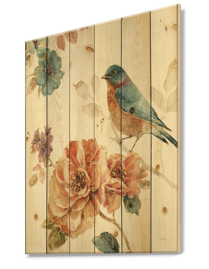 DesignQ Cottage Bird On Orange Flower Twig - Traditional Print On Natural Pine Wood