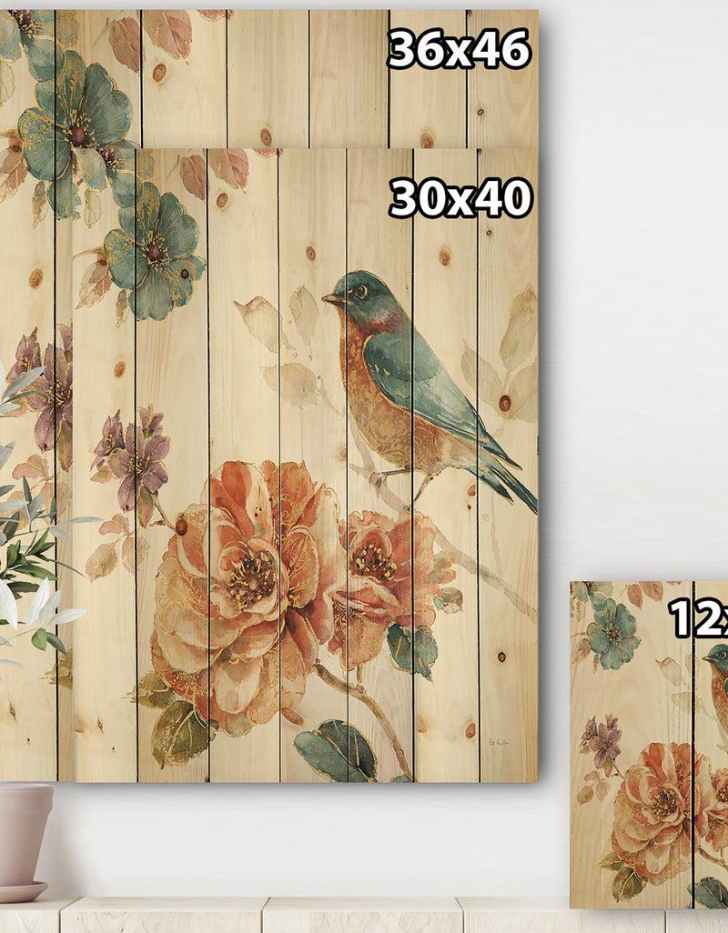 DesignQ Cottage Bird On Orange Flower Twig - Traditional Print On Natural Pine Wood