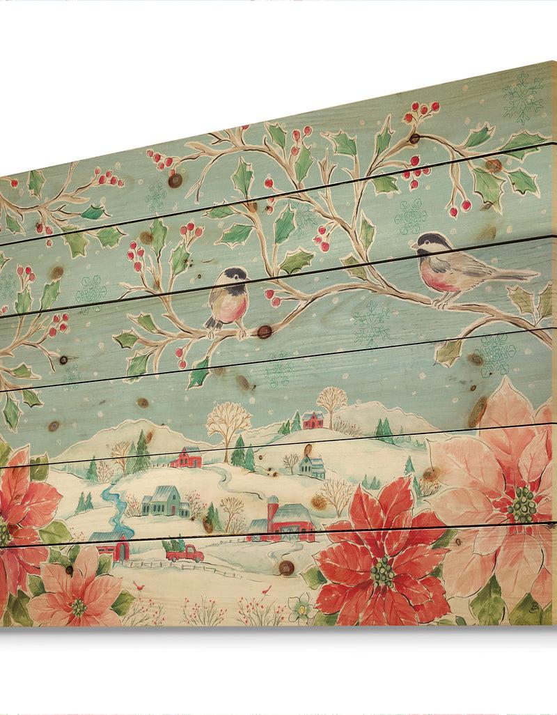 DesignQ Country Flower Snowflakes II - Farmhouse Print On Natural Pine Wood