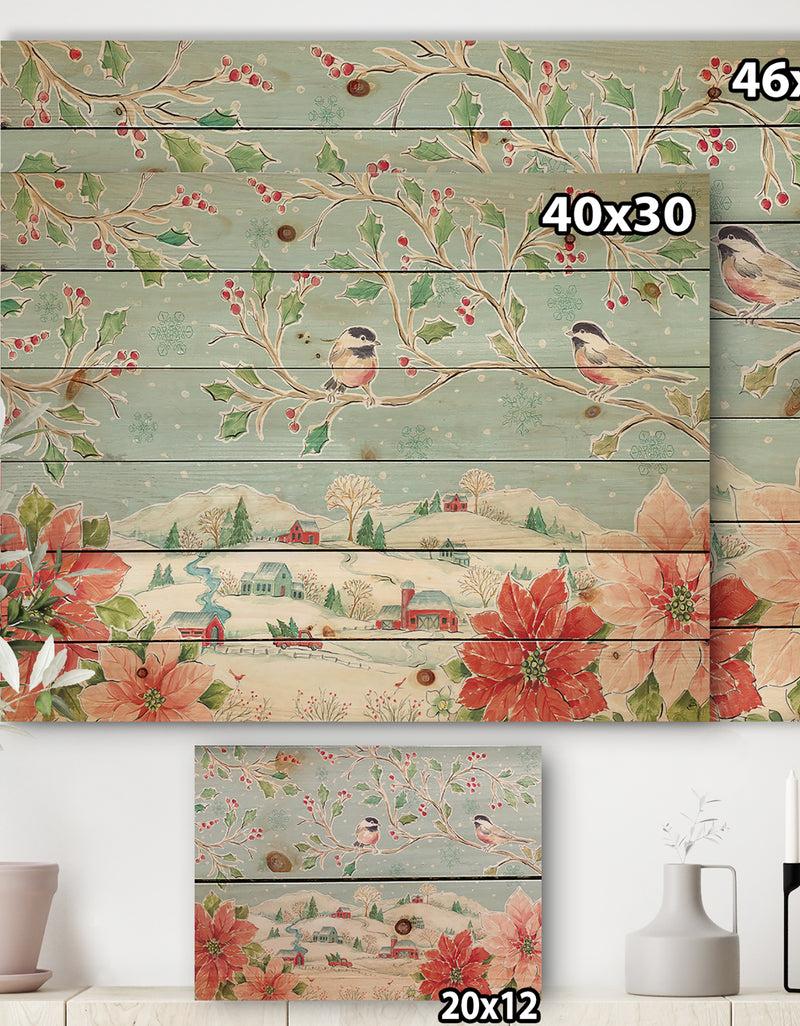 DesignQ Country Flower Snowflakes II - Farmhouse Print On Natural Pine Wood