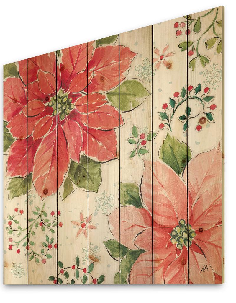 DesignQ Country Flower Snowflakes III - Farmhouse Print On Natural Pine Wood