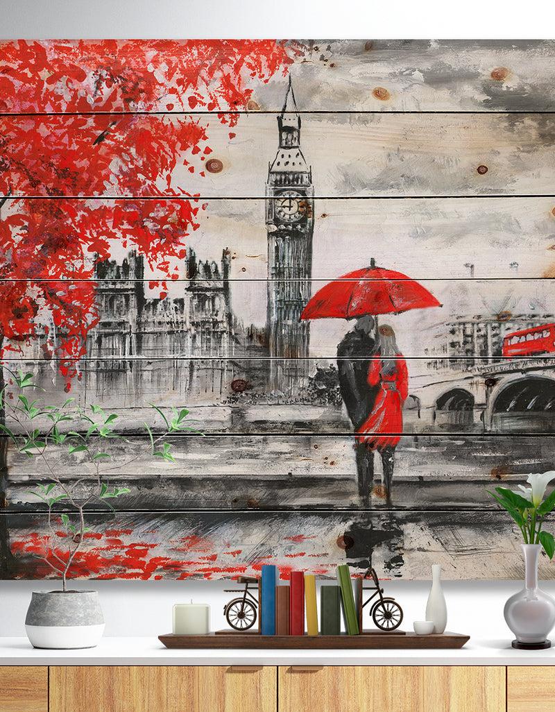 DesignQ Couples Walking in London - Landscape Print on Natural Pine Wood