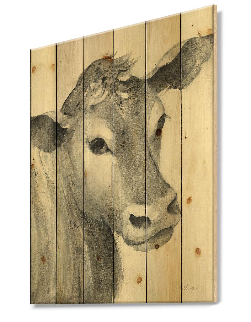 DesignQ Cow Farmhouse Animal In Black And White - Farmhouse Animals Print On Natural Pine Wood