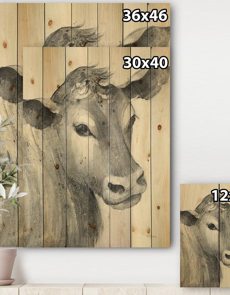 DesignQ Cow Farmhouse Animal In Black And White - Farmhouse Animals Print On Natural Pine Wood