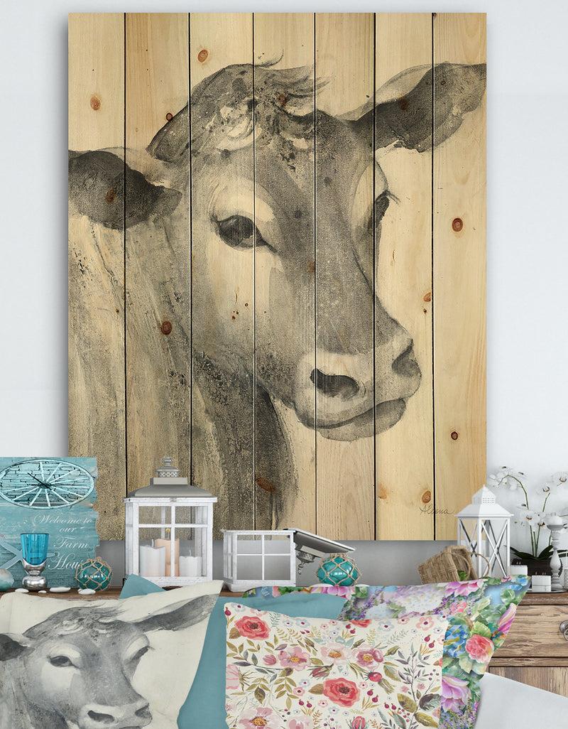 DesignQ Cow Farmhouse Animal in Black and White - Farmhouse Animals Print on Natural Pine Wood
