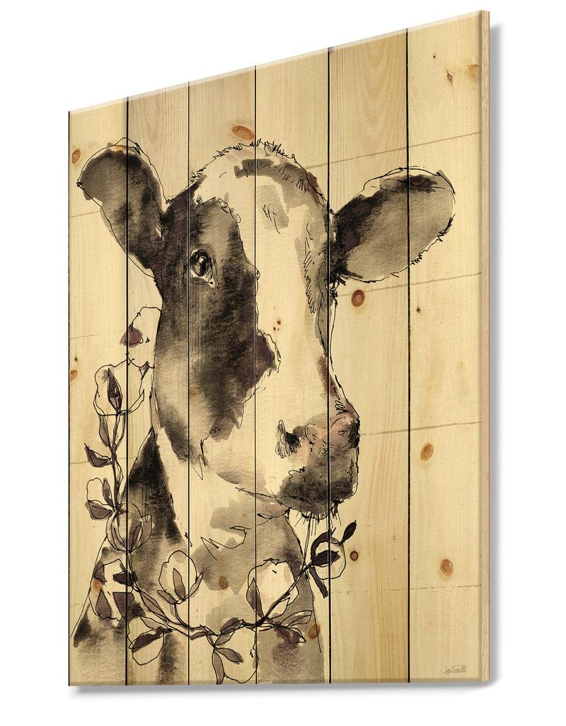 DesignQ Cow Portrait Country Life - Wildlife Print On Natural Pine Wood