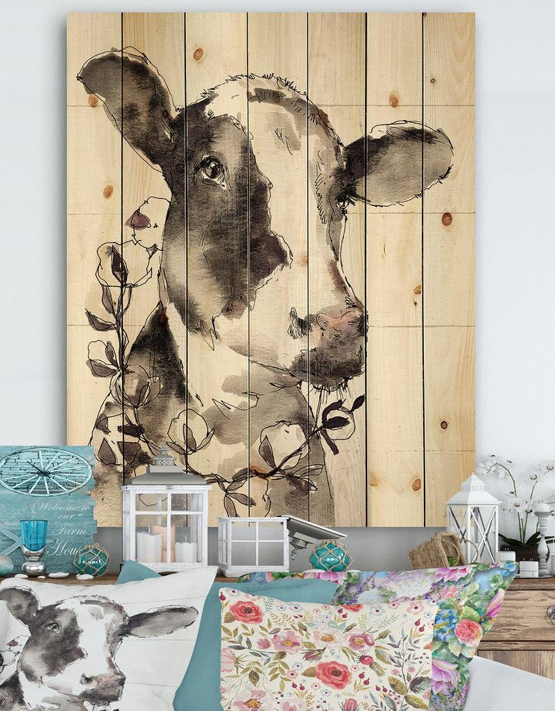 DesignQ Cow Portrait Country Life - Wildlife Print on Natural Pine Wood