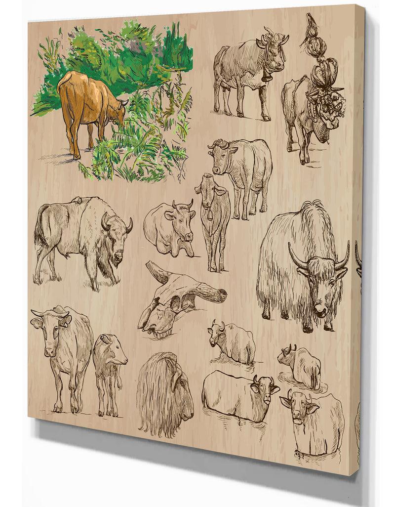 DesignQ Cows And Cattle Illustration - Farmhouse Animal Painting Print On Wrapped Canvas