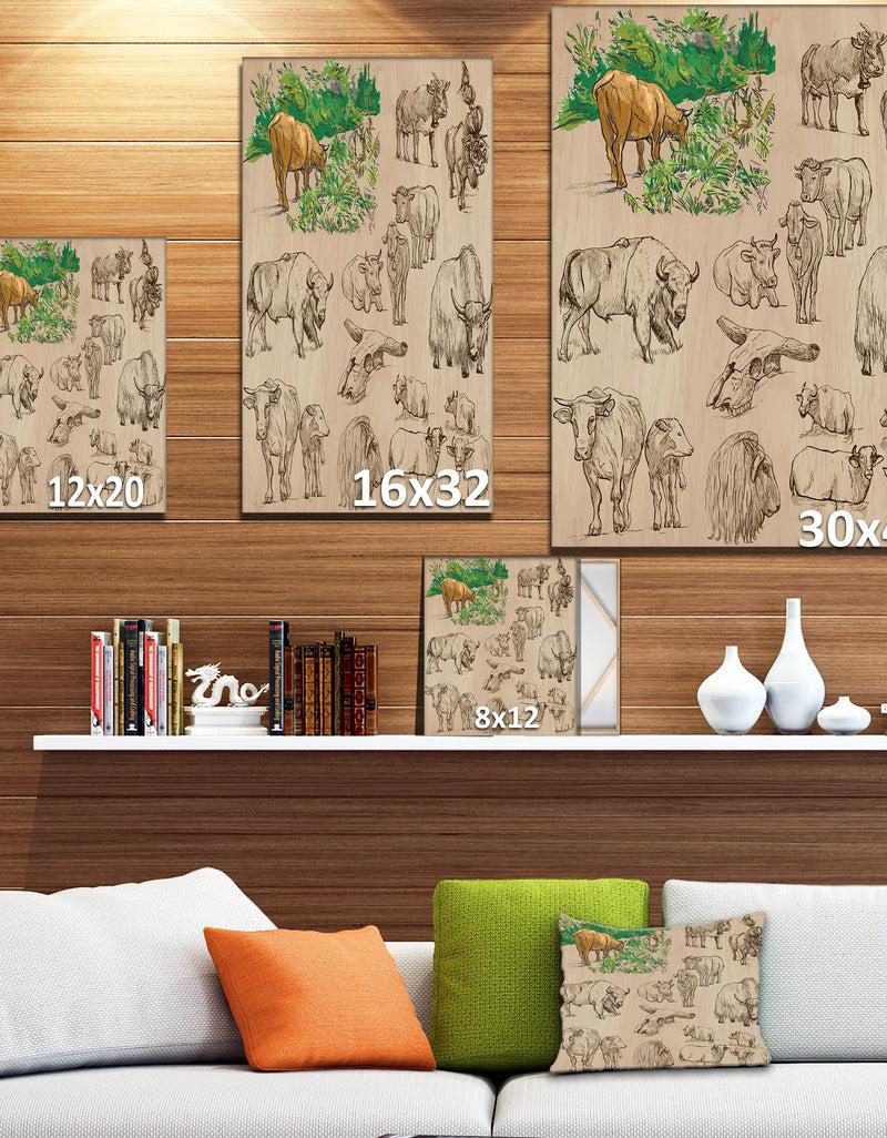 DesignQ Cows And Cattle Illustration - Farmhouse Animal Painting Print On Wrapped Canvas