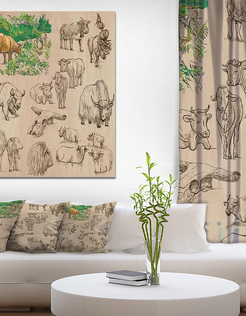 DesignQ Cows and Cattle Illustration - Farmhouse Animal Painting Print on Wrapped Canvas