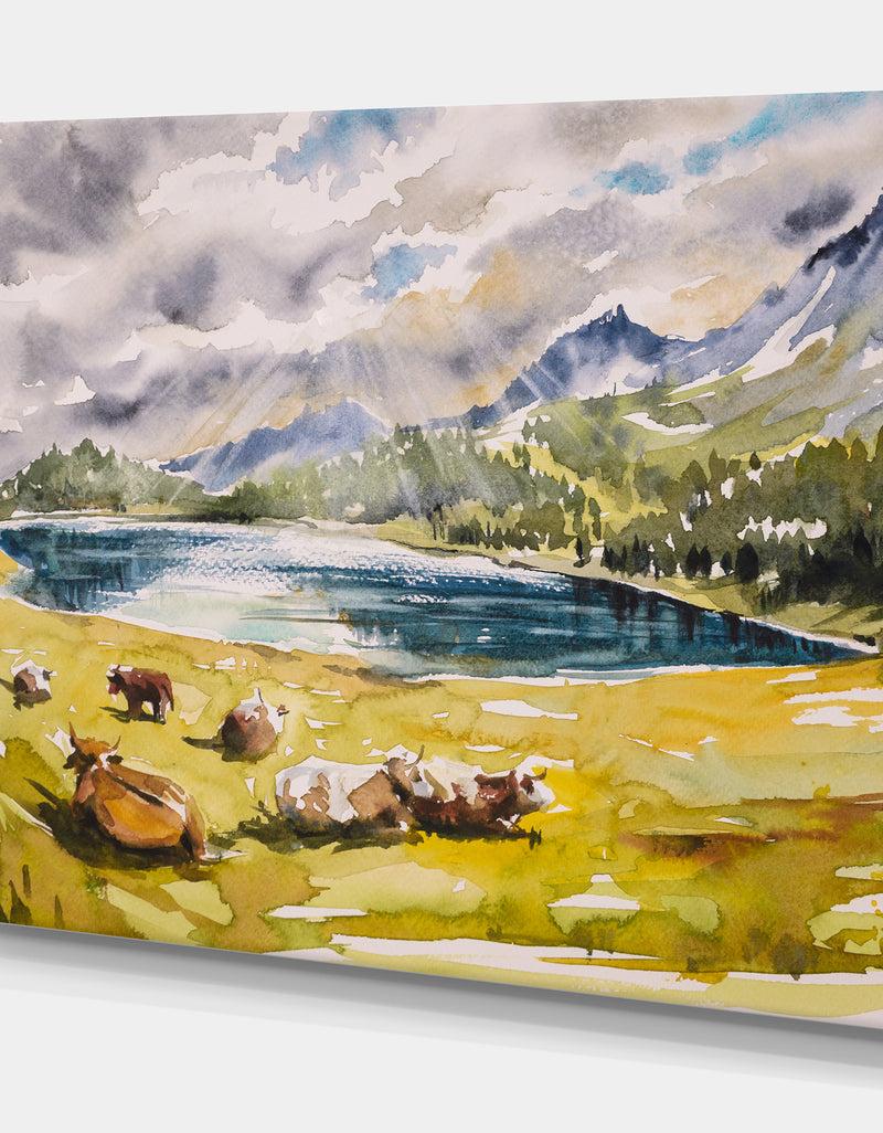 DesignQ Cows On A Meadow - Farmhouse Animals Painting Print On Wrapped Canvas