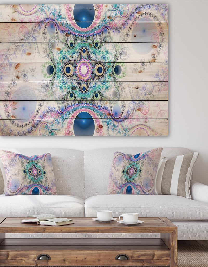 DesignQ Cryptical Blue Fractal Pattern - Abstract Print on Natural Pine Wood