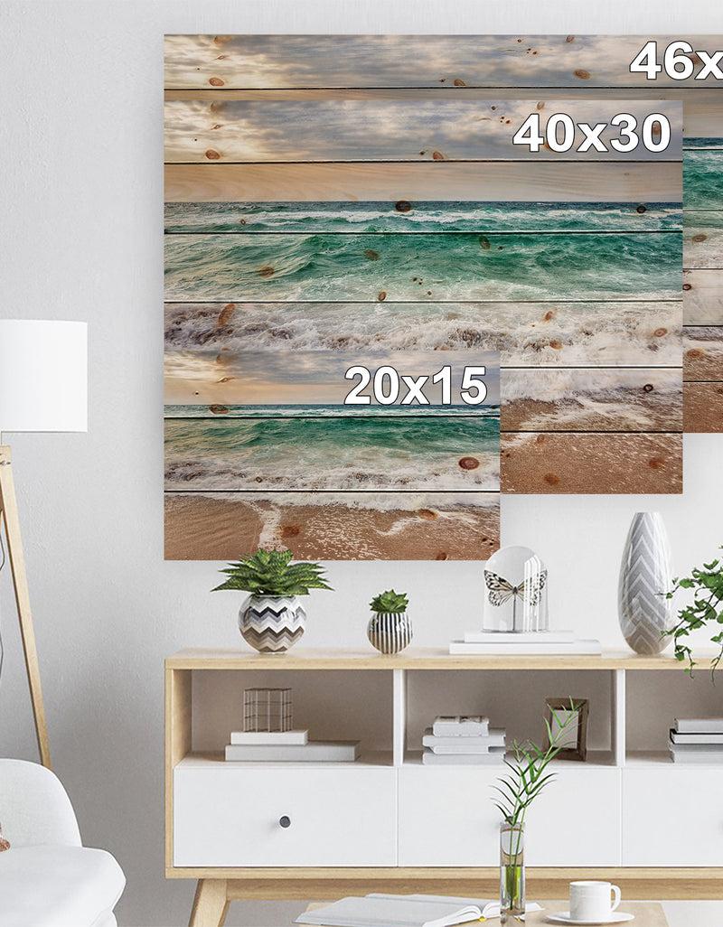 DesignQ Crystal Clear Blue Foaming Waves - Seascape Print On Natural Pine Wood