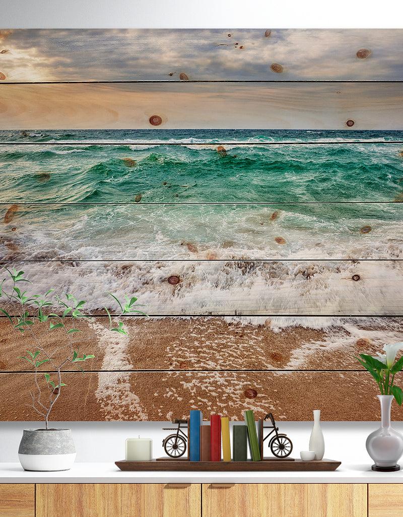 DesignQ Crystal Clear Blue Foaming Waves - Seascape Print on Natural Pine Wood