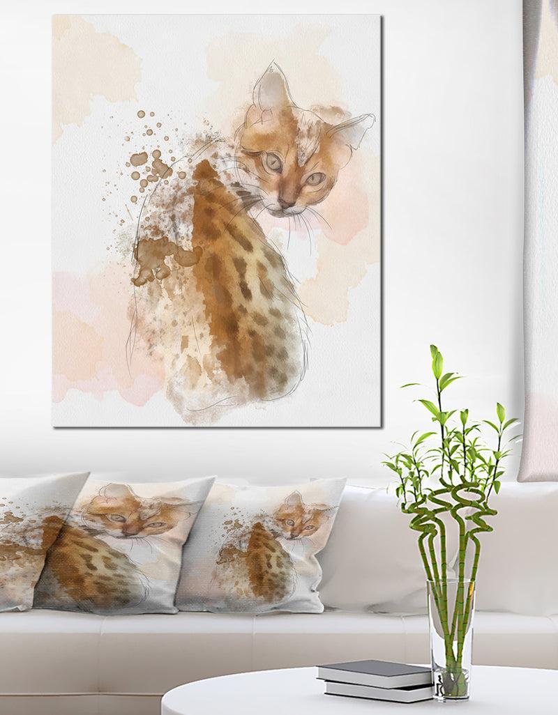 DesignQ Cute Cat Sketch with Brown Splashes - Modern Animal Canvas Wall Art