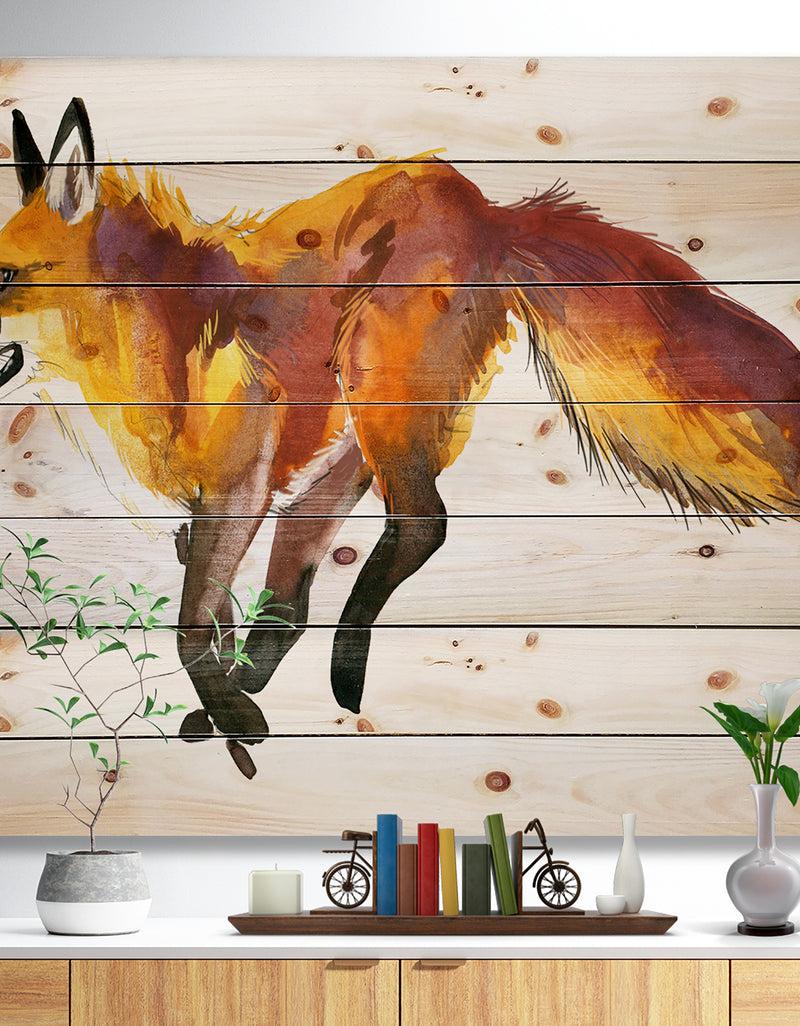 DesignQ Cute fox wtercolor illustration - Animals Painting Print on Natural Pine Wood