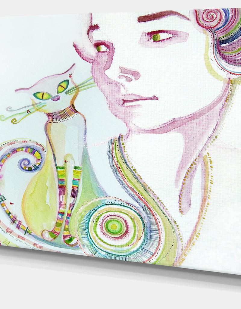 DesignQ Cute Girl With Cat - Portrait Painting Canvas Print