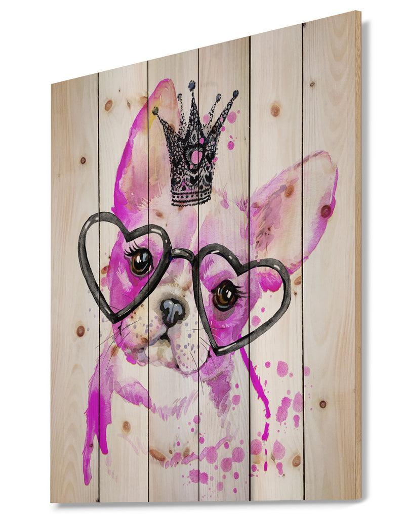 DesignQ Cute Pink Dog With Heart Glasses - Contemporary Animal Print On Natural Pine Wood