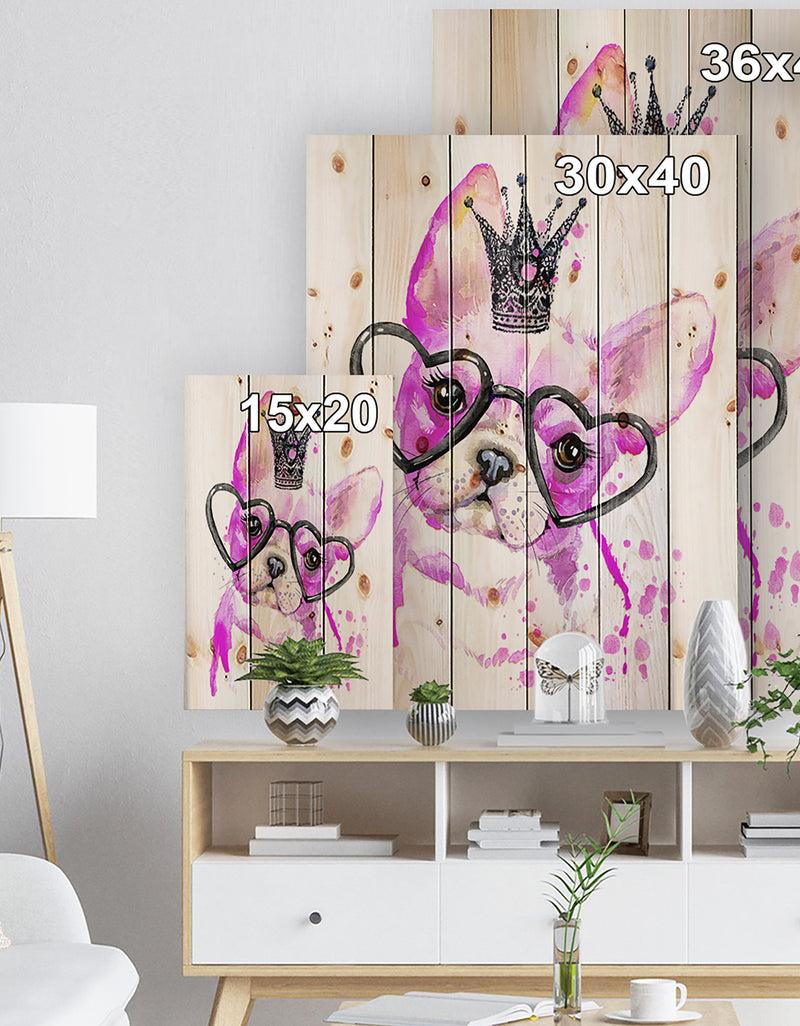 DesignQ Cute Pink Dog With Heart Glasses - Contemporary Animal Print On Natural Pine Wood