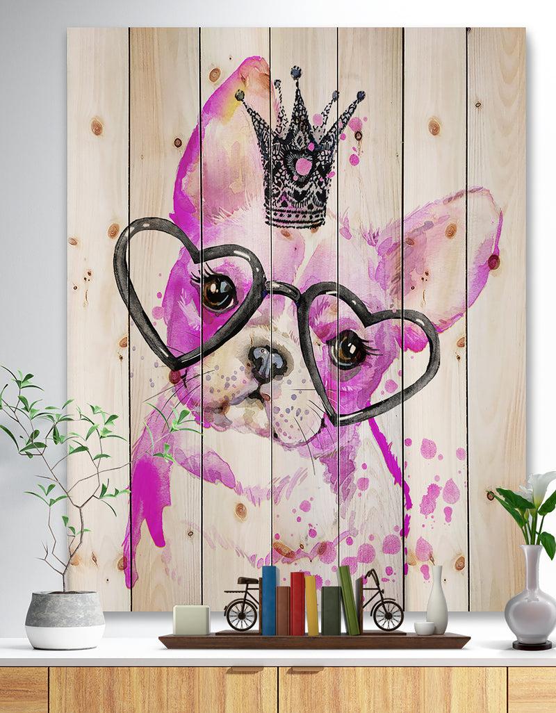 DesignQ Cute Pink Dog with Heart Glasses - Contemporary Animal Print on Natural Pine Wood