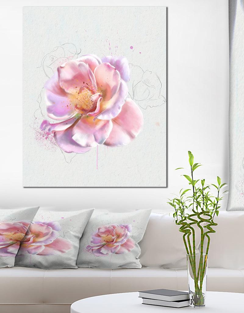 DesignQ Cute Watercolor Pink Rose Sketch - Flowers Canvas Wall Artwork