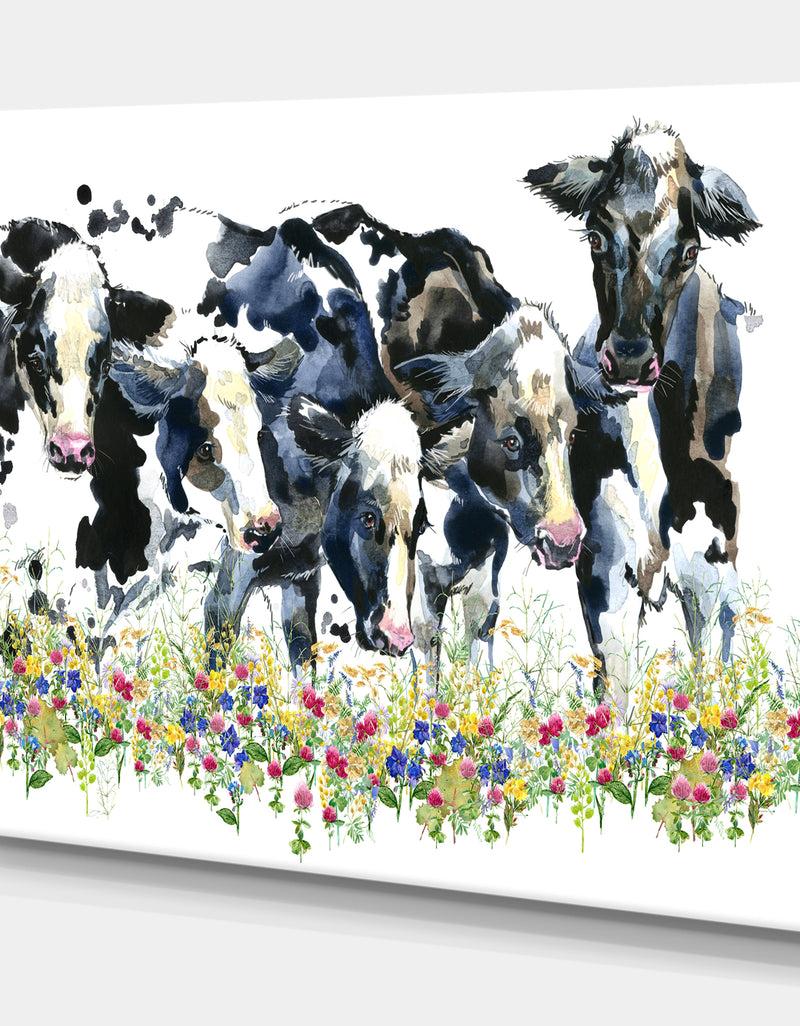 DesignQ Dairy Cow On The Field Watercolor Illustration. - Farmhouse Animal Painting Print On Wrapped Canvas