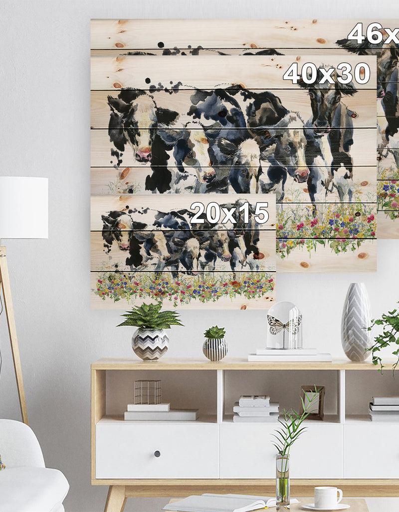 DesignQ Dairy Cow On The Field Watercolor Illustration. - Farmhouse Animal Painting Print On Natural Pine Wood