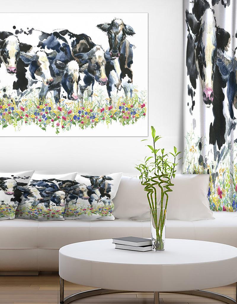 DesignQ Dairy cow on the field watercolor illustration. - Farmhouse Animal Painting Print on Wrapped Canvas