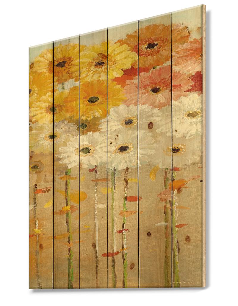 DesignQ Daisies Fall I - Floral & Botanical Print On Natural Pine Wood