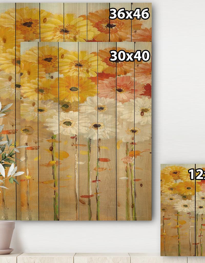 DesignQ Daisies Fall I - Floral & Botanical Print On Natural Pine Wood