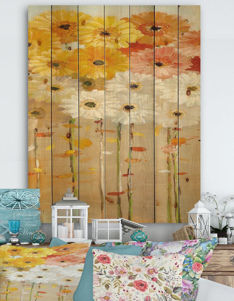 DesignQ Daisies Fall I - Floral & Botanical Print on Natural Pine Wood