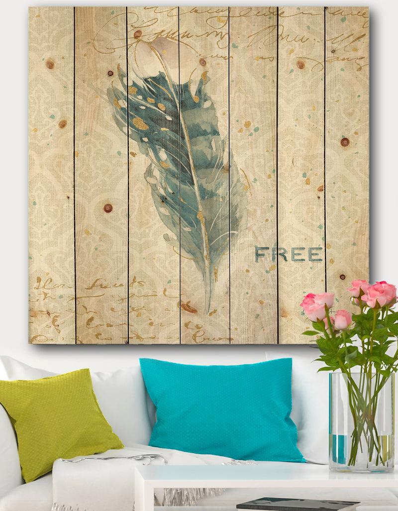 DesignQ Damask Painted Gilded Feather on Blue - Nautical & Coastal Print on Natural Pine Wood