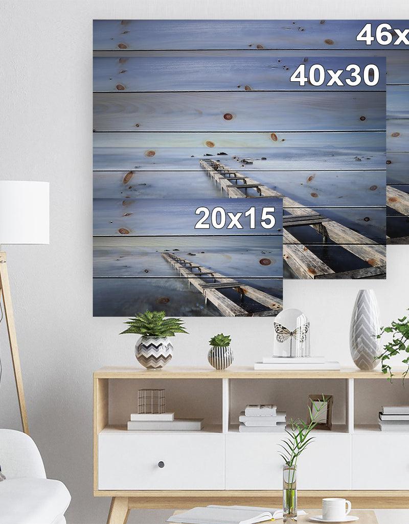 DesignQ Dark Blue Sky And Large Pier - Seascape Print On Natural Pine Wood