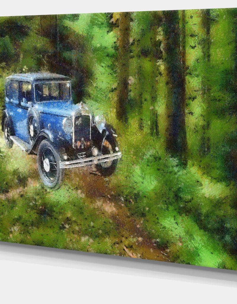 DesignQ Dark Blue Vintage Car Oil Painting - Car Painting Canvas Print