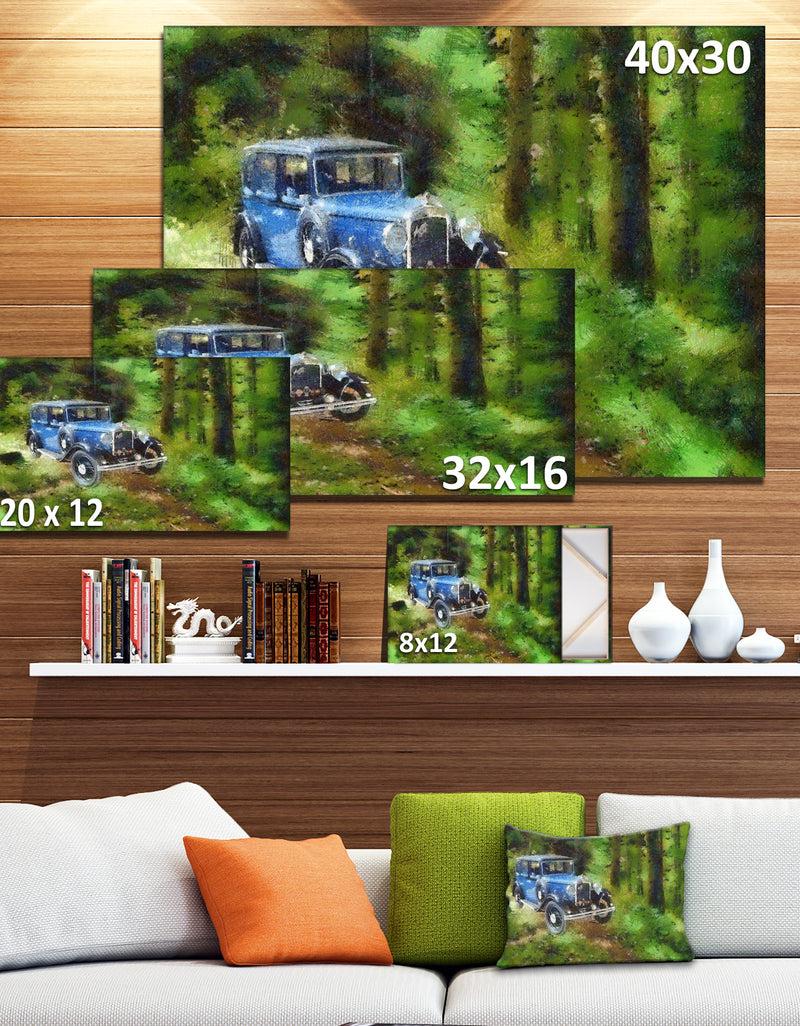 DesignQ Dark Blue Vintage Car Oil Painting - Car Painting Canvas Print