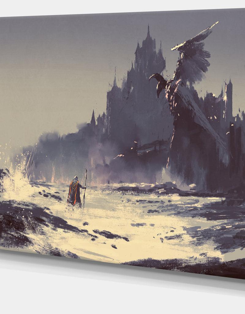 DesignQ Dark Fantasy Castle - Landscape Painting Canvas Print