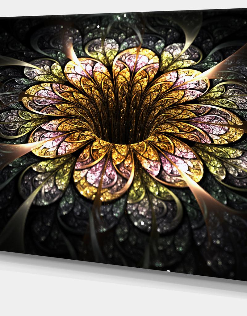 DesignQ Dark Golden Fractal Flower Digital Art - Large Floral Canvas Art Print