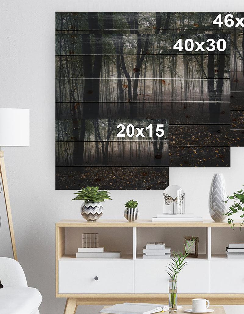 DesignQ Dark Spooky Misty Wild Forest - Forest Print On Natural Pine Wood