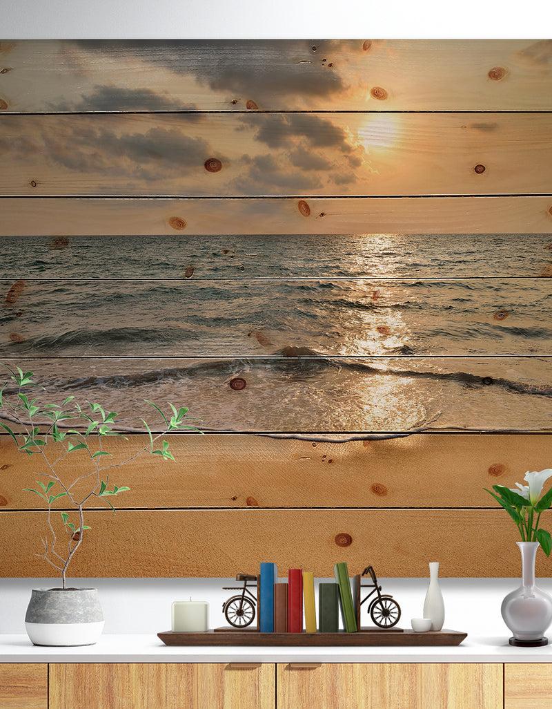 DesignQ Dark Tropical Sand Beach at Sunset - Modern Seascape Print on Natural Pine Wood